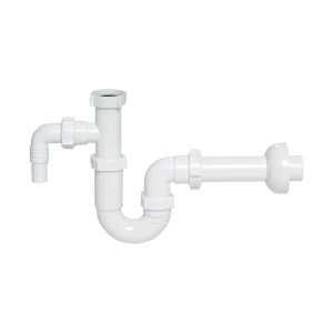 Biały syfon do zlewu, plastikowy, różne rury i złączki.