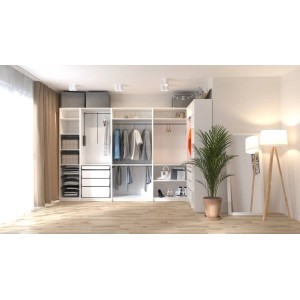 Jasny, modułowy system szaf do garderoby i przechowywania w sypialni.
