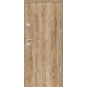 Drzwi wewnętrzne w kolorze drewna z srebrną klamką.
