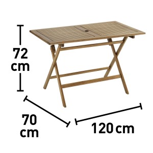 Prostokątny, brązowy stół ogrodowy Greenville z drewna FSC®, 120x70 cm, z funkcją składania.
