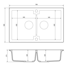 Rysunek techniczny: zlewozmywak granitowy t.b.t. o wymiarach (790x500 mm).