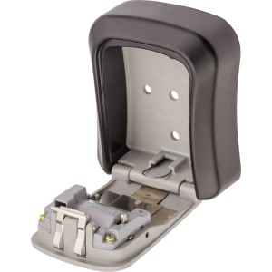 Otwarty sejf na klucze w kolorze szarym i czarnym. Bezpieczna skrzynka na klucze do montażu na ścianie.