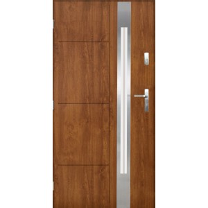 Brązowe drzwi zewnętrzne t.b.t. z szybą i srebrną klamką.