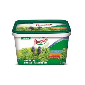 Nawóz do iglaków Florovit, 4 kg wiadro z zielonym napisem i motywem szyszki.