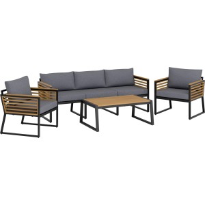 Nowoczesny zestaw mebli ogrodowych z sofą, dwoma fotelami i stołem. Szary i wygląd drewna.