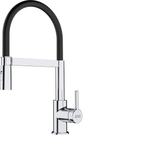 Chromowana bateria jednouchwytowa z czarną wylewką do kuchni.