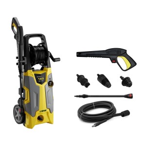 Żółto-szara myjka ciśnieniowa z akcesoriami, takimi jak pistolet, dysze i wąż.
