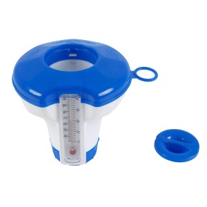 Niebiesko-biały pływak dozujący do pielęgnacji basenu z termometrem i pokrywką.