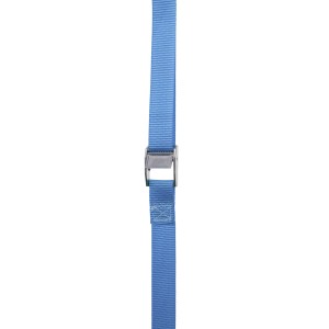 Niebieski pas mocujący z klamrą zaciskową, 25 mm x 2,5 m, do bezpiecznego transportu.