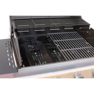 Widok wnętrza grilla gazowego Landmann Triton PTS 3.1 Saphire Black z rusztem i rusztem do podgrzewania.