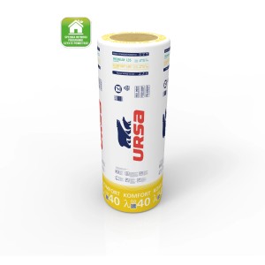 Rolka wełny mineralnej Ursa, zapakowana w folię z informacjami o produkcie.