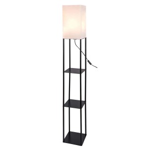 Czarna lampa podłogowa t.b.t. z prostokątnym białym abażurem i półkami.
