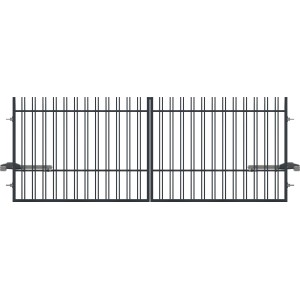 Czarna metalowa brama ogrodzeniowa z napędem.