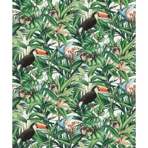 Tapeta flizelinowa Erismann Paradisio 2: Motyw dżungli z tukanami, kolibrami, motylami i tropikalnymi liśćmi.