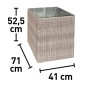 Wymiary zestawu mebli ogrodowych t.b.t.: wysokość 52,5 cm, głębokość 71 cm, szerokość 41 cm.