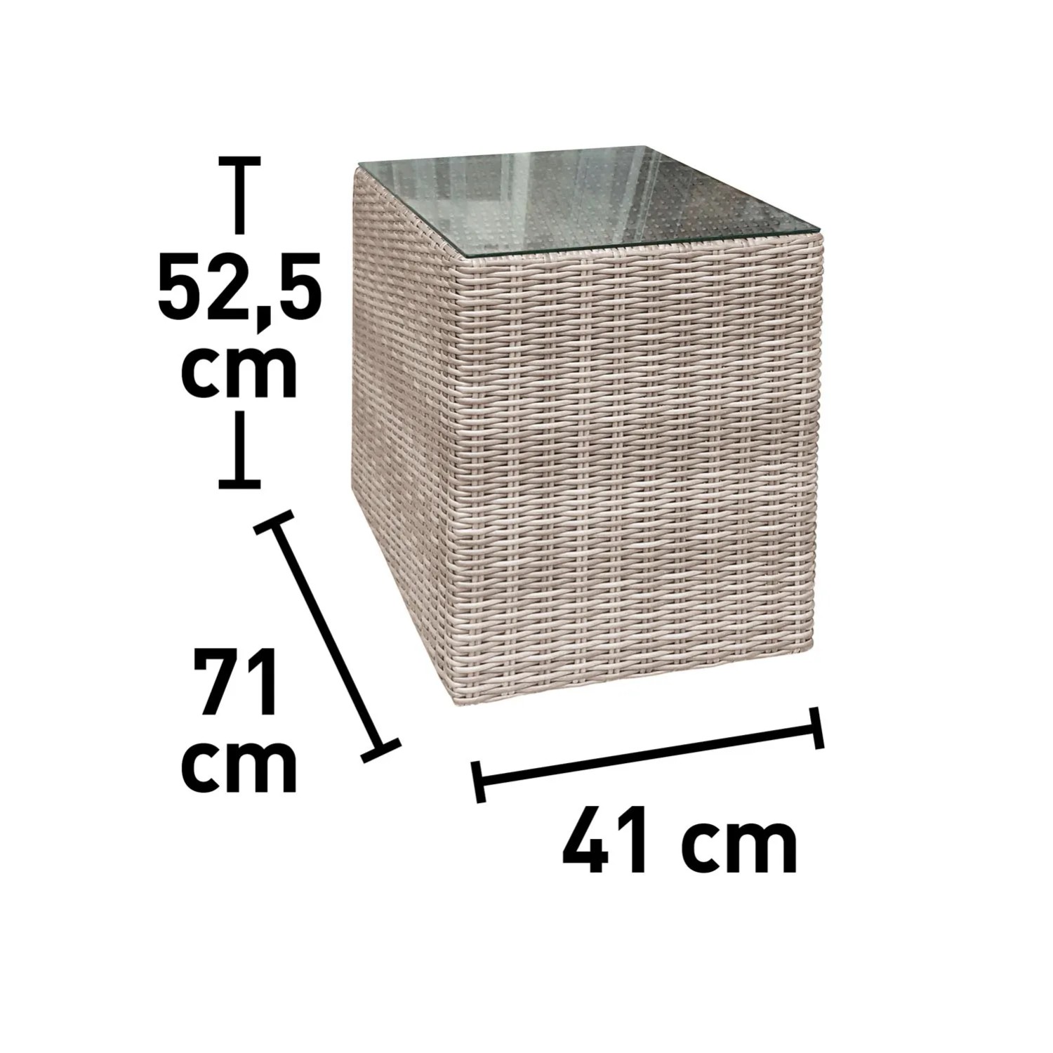 Wymiary zestawu mebli ogrodowych t.b.t.: wysokość 52,5 cm, głębokość 71 cm, szerokość 41 cm.