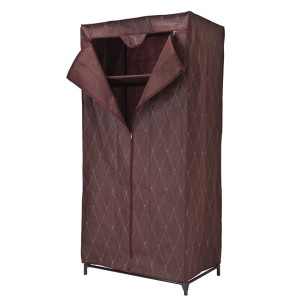 Brązowa szafa materiałowa z zamkiem błyskawicznym i półkami do organizacji garderoby.