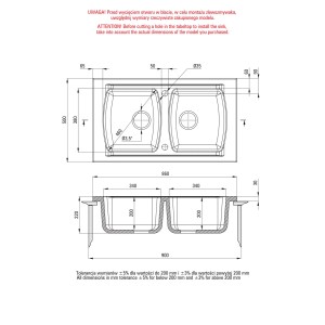 Rysunek techniczny zlewozmywaka ceramicznego t.b.t. z wymiarami.