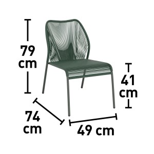 Wymiary zielonego krzesła ogrodowego t.b.t.: wysokość 79 cm, wysokość siedziska 41 cm, szerokość 74 cm, głębokość 49 cm.