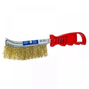 Szczotka druciana z czerwonym uchwytem do wiertarek, do czyszczenia i usuwania rdzy.