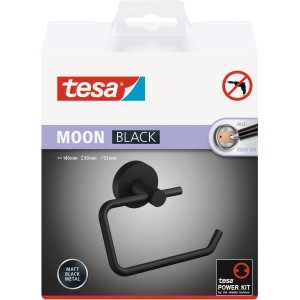 Opakowanie czarnego, matowego uchwytu na papier toaletowy Tesa Moon z rozwiązaniem klejącym.